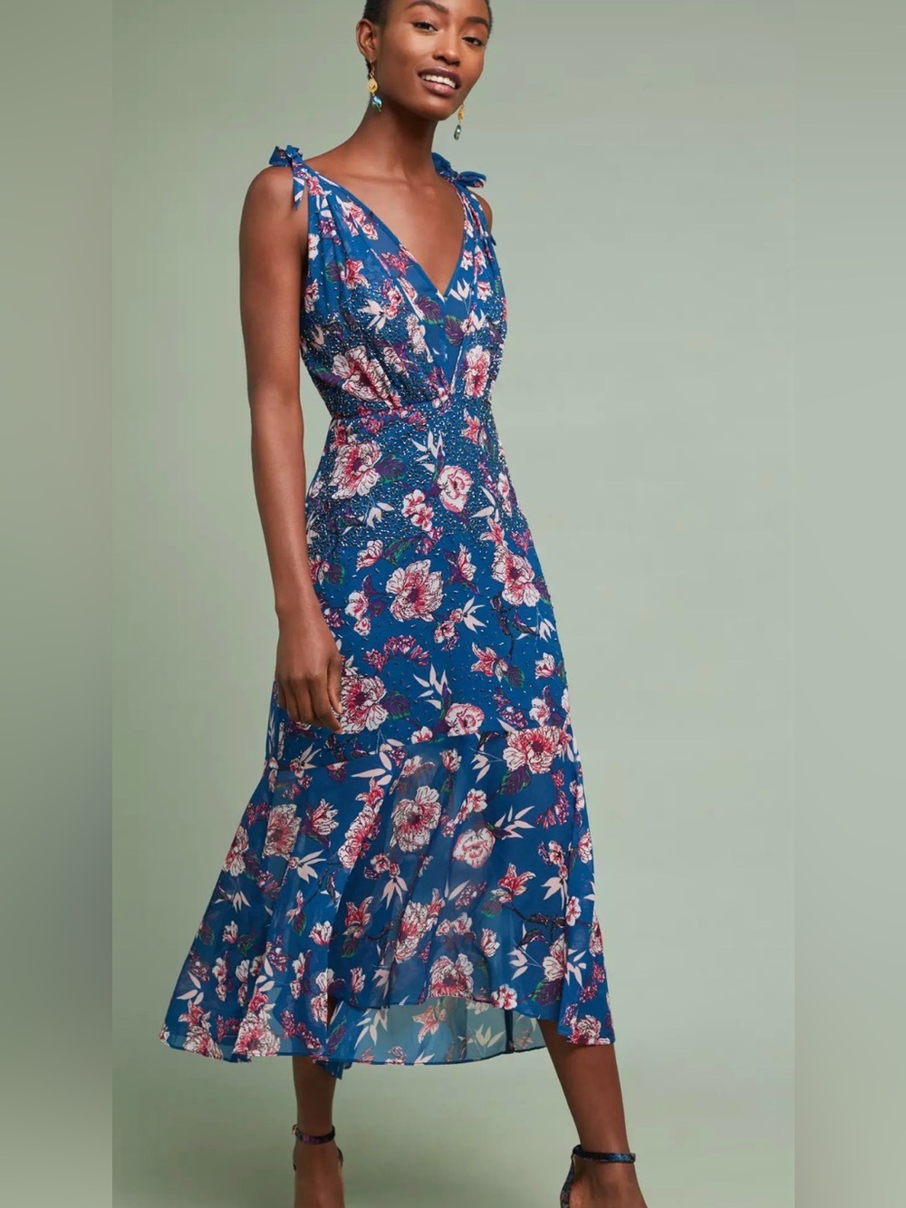 Anthropologie Ranna Gill "Johanne" Blue Floral Beaded Tie-Strap Dress